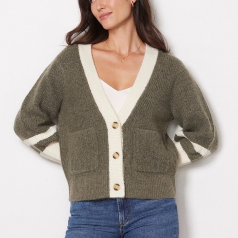 Evereve Design History Size XS Sage Green and Cream‎ Button Up Cardigan Sweater